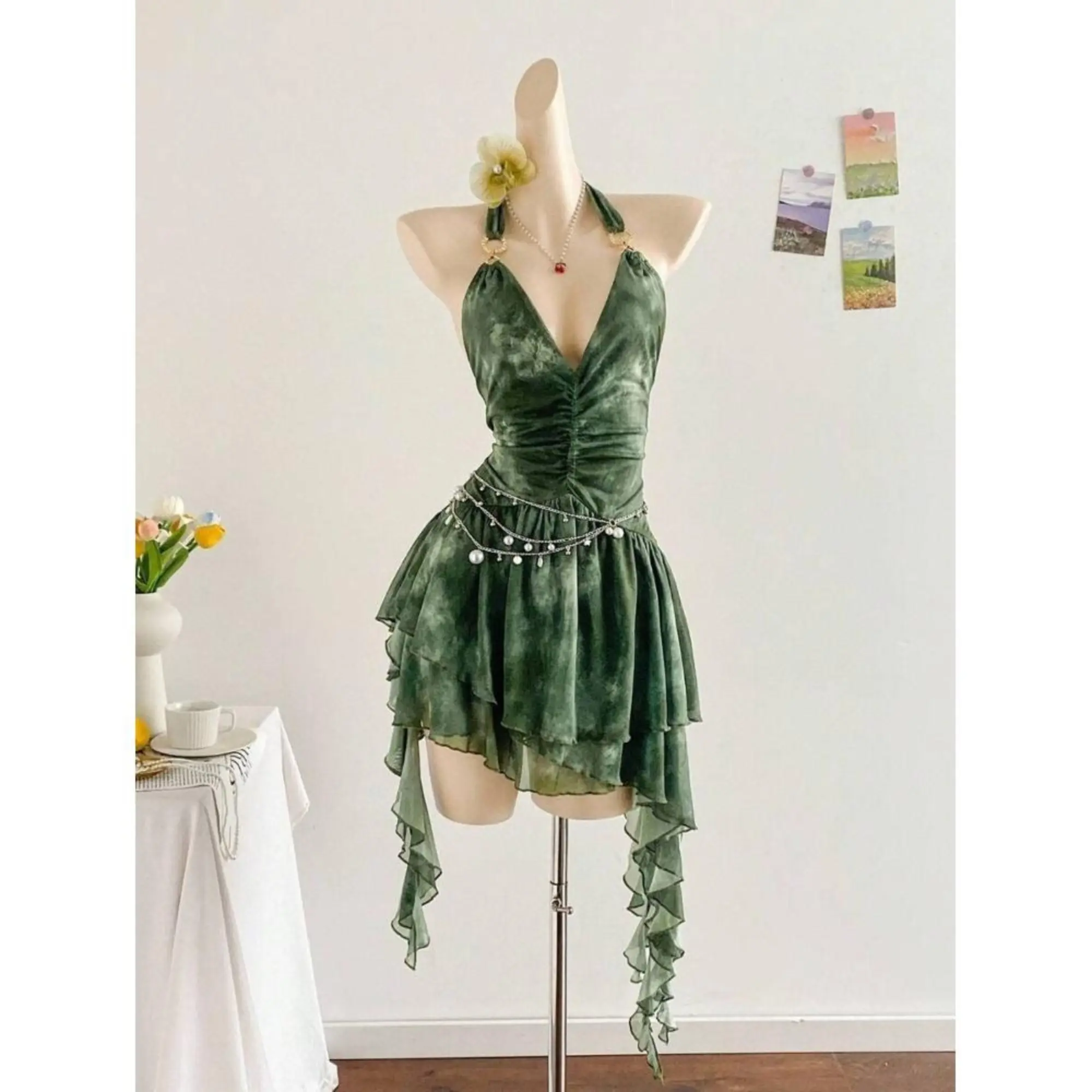 Green Tie Dye Halter Deep V Neck Ruched Asymmetrical Ruffle Hem Mini Dress