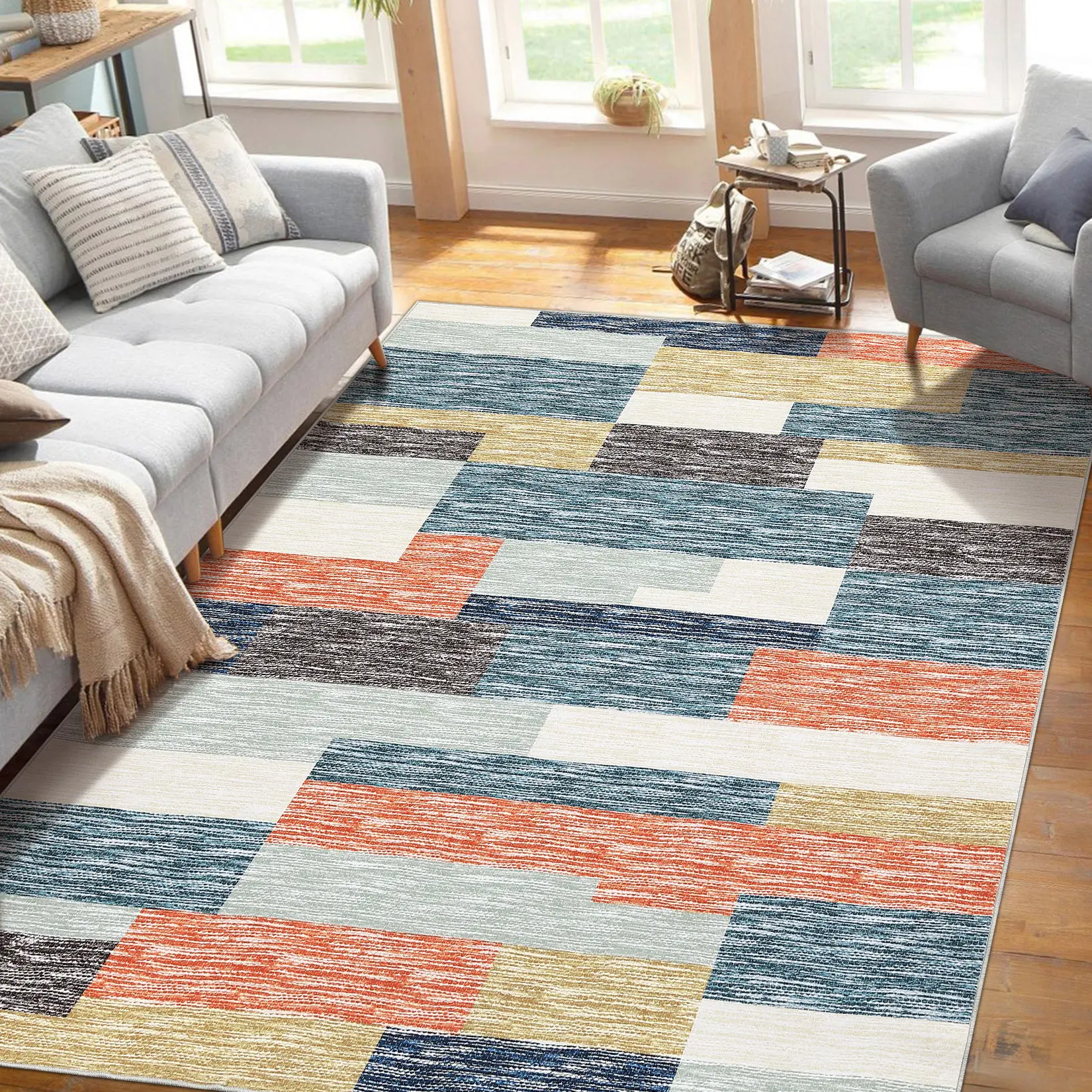 Washable Modern Geometric Area Rug for Living Room, Patchwork Non Slip Stain Resistant Low Pile Foldable Carpet for Bedroom Dining Farmhouse Home Office