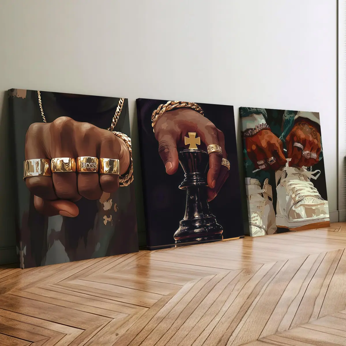 3 count wooden frame canvas, king chess hand gesture tide cool men inspirational triple poster, fashion home decoration, Canvas Decor Painting, simple modern art hanging pictures, living room, bedroom office wall art, waterproof and tasteless