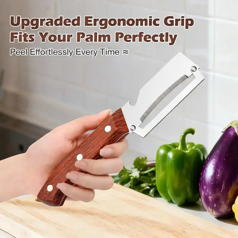 2-in-1 Vegetable & Fruit Peeler with Stainless Steel Blade and Bottle Opener, Wooden Handle Kitchen Tool for Potatoes, Apples, Zucchini, Papaya & Pumpkin, Veggie Peeler