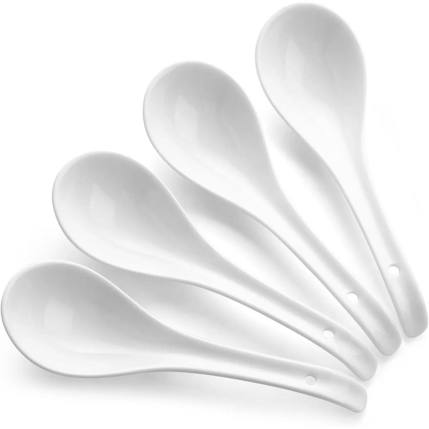 Soup Spoons, Ceramic Asian Soup Spoons, White Japanese Spoon Large for Ramen Pho Wonton Dumpling Miso, Deep Oval Hook Design, Set of 4 (4, Soft white)