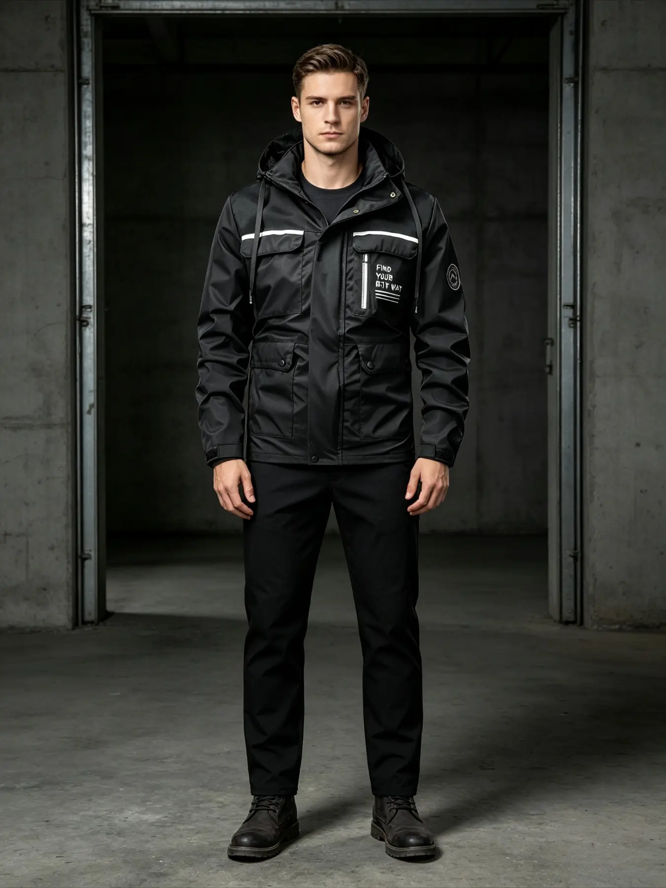 New Men Hooded Utility Field Jacket Windproof Woven Fabric Long Sleeve Regular Fit Multi Flap Pockets Letter Print Patch Badge Outdoor Hiking Travel Daily Casual Functional Outerwear Coat