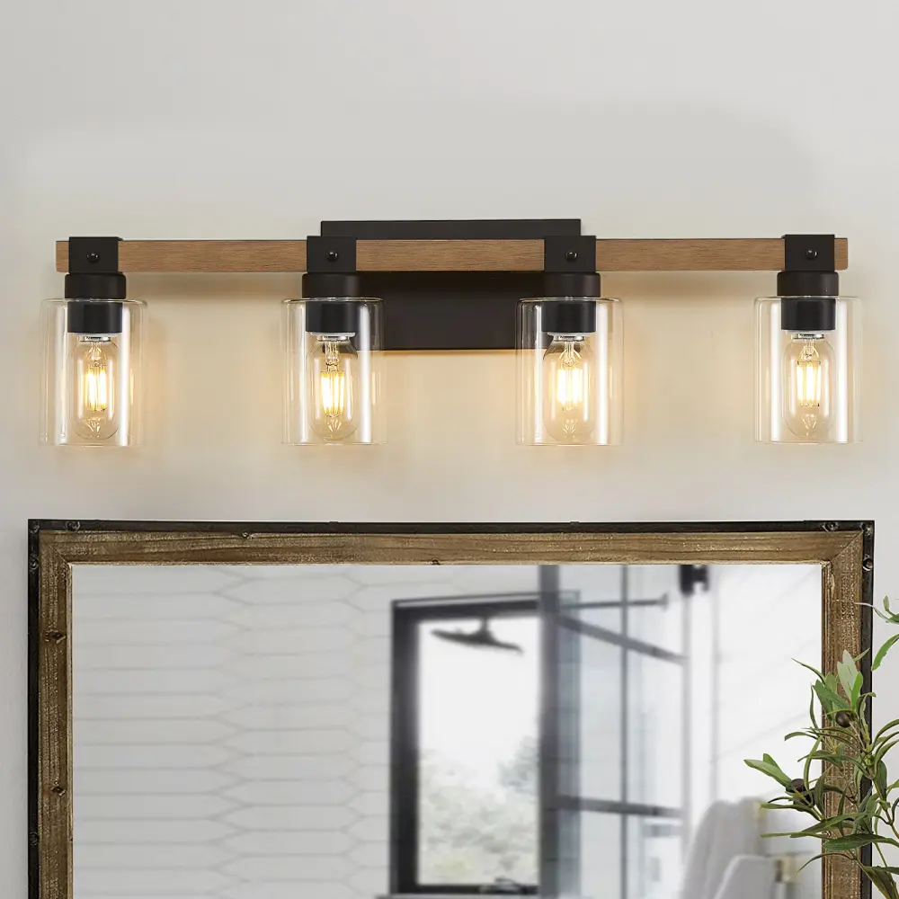 4-Light Farmhouse Vanity Light Fixture, Antique Wood Bathroom Wall Sconce with Clear Glass Shades, Rustic Industrial Mirror Lighting for Bathroom, Bedroom, Hallway, Living Room, Modern Farmhouse Wall Lamp, Vintage Vanity Lighting Fixture, No Bulbs Include