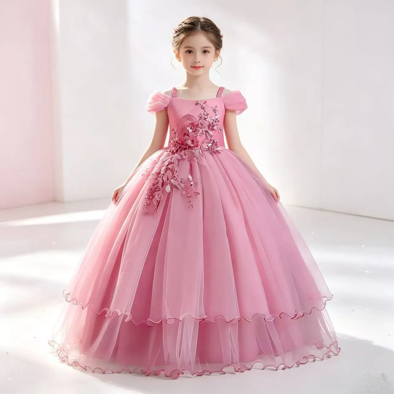 Girls' Princess Puff Tulle Evening Gown Dresses - Full Length Long Gown with Princess Look, Party Wear for Flower Girl, Bridesmaid Wedding Birthday Pageant