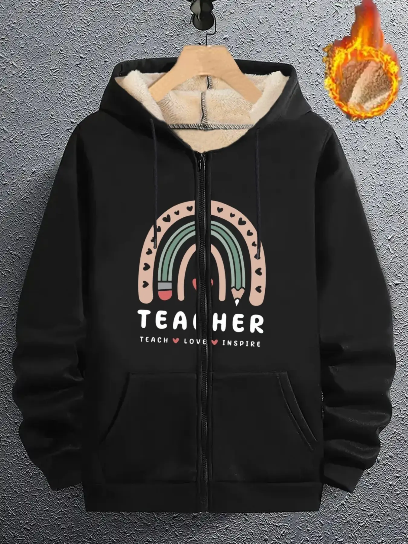 Teacher Cartoon Print Fleece Jacket, Long Sleeve Zipper Hooded Coat, Warm Loose-Fit Casual Outerwear for All Seasons