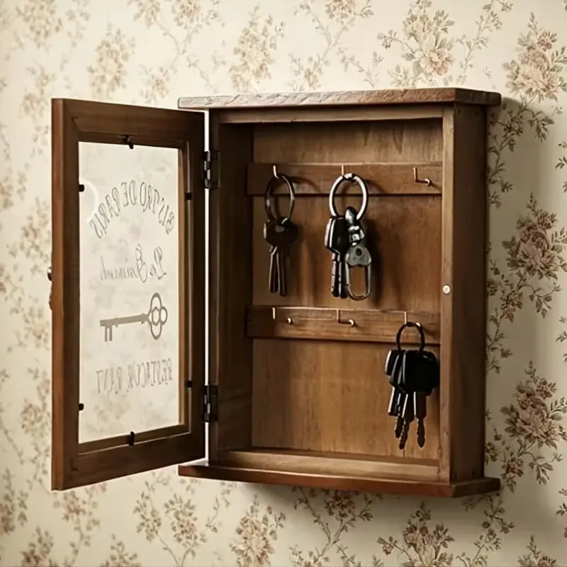 Rustic Vintage Solid Wood Decorative Wall Mount Entryway Key Storage Cabinet, Lockable Glass Door, Multi Hooks, Farmhouse Organizer, Unique Housewarming Gift