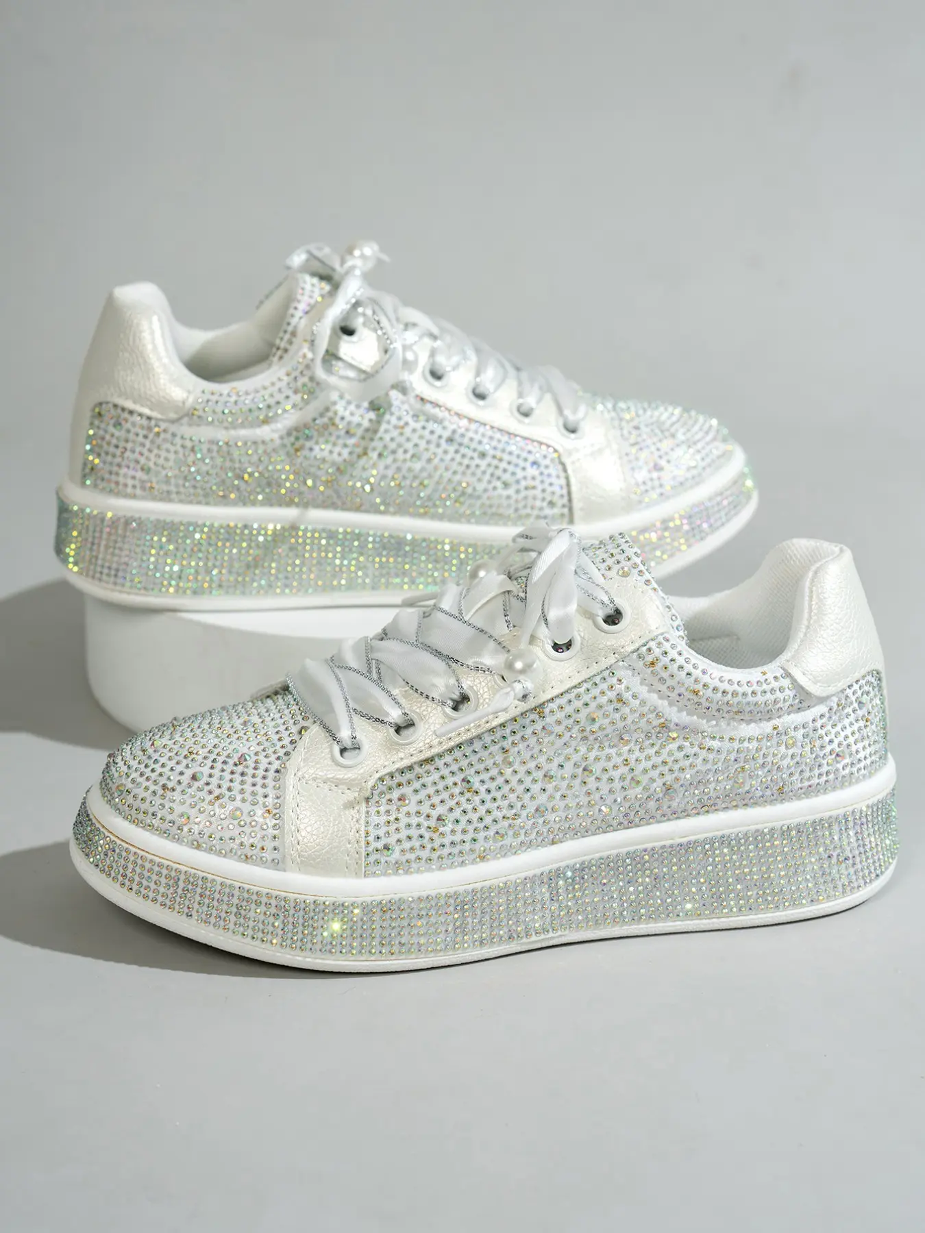 Women's Rainbow Full Rhinestone Color Block Heeled Wedge Thick Sole Invisible Stretch Loose Round Toe Sparkle Design Dad Shoes
