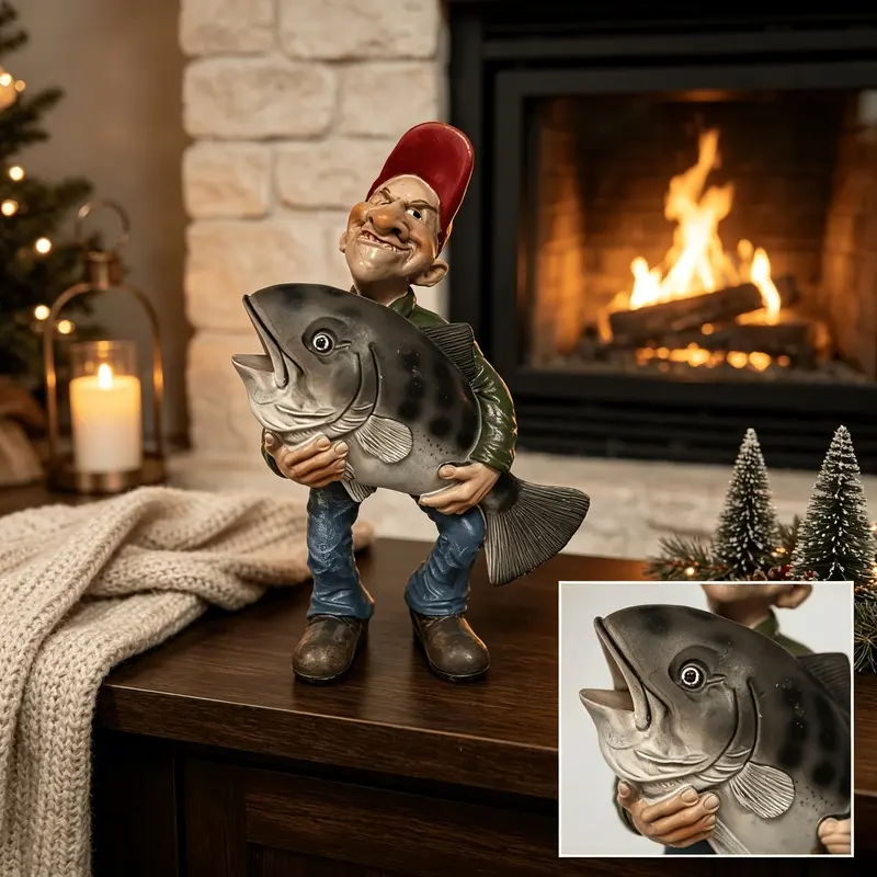 Fun fisherman holding fish decoration sculpture, resin cartoon angler sculpture, suitable for placement in family bars, cabins or courtyards, creative gifts for fathers, husbands or boyfriends, Father's Day gifts, gifts for fathers and husbands