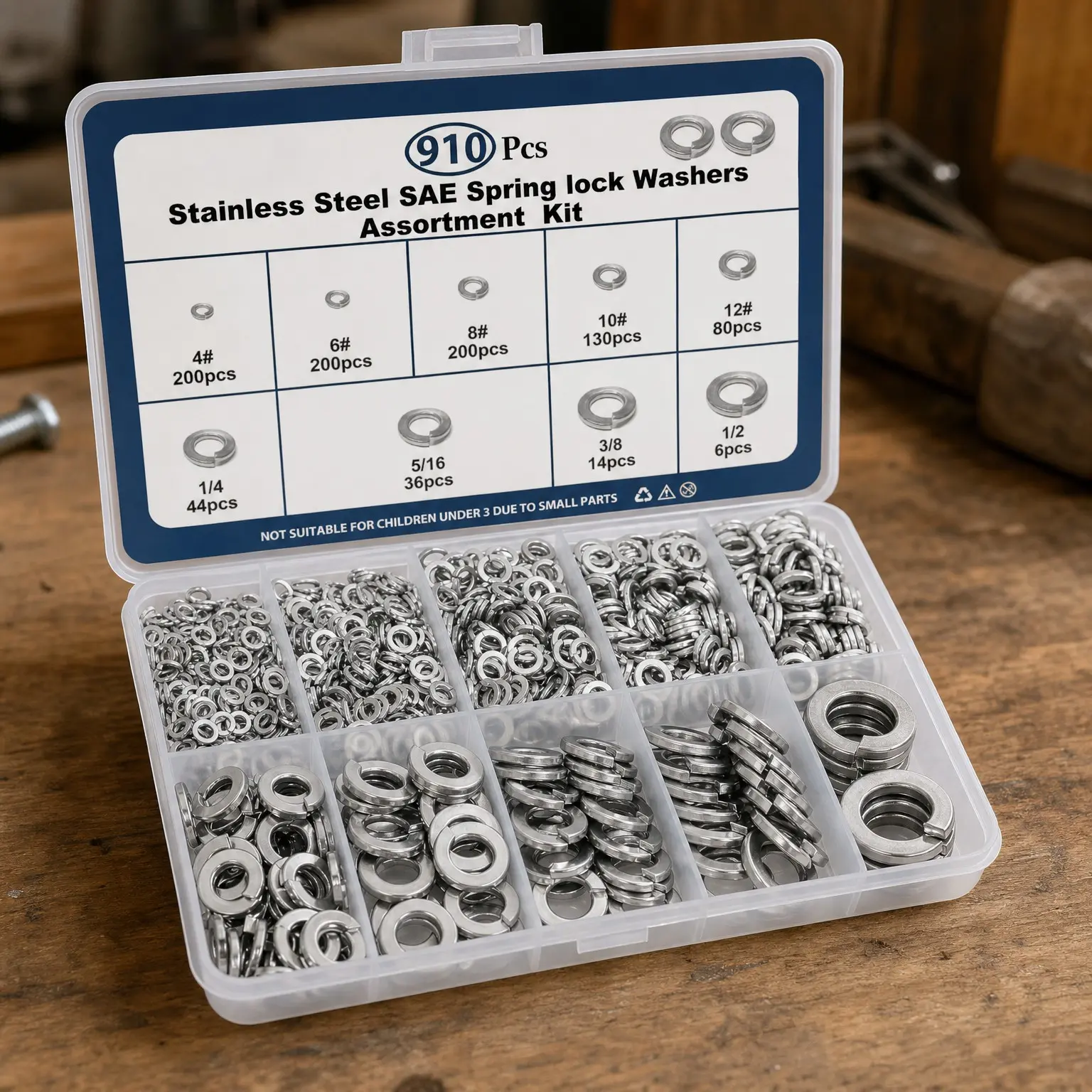 910Pcs 304 Stainless Steel Split Lock Washer Assortment Kit, SAE Spring Locking Washers Set in Sizes #4 to 1/2" for Screws BoltsGift