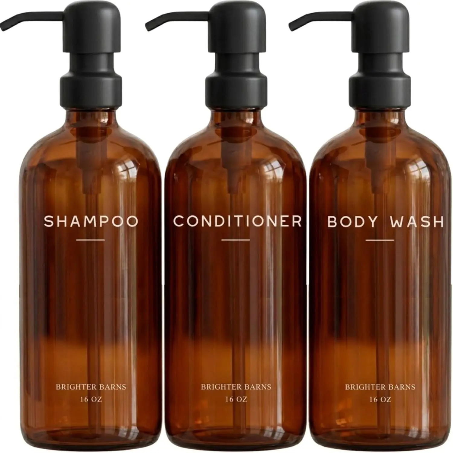 Brighter Barns Amber Shampoo Conditioner Body Wash Dispenser Set with Pump, Refillable Plastic Shower Bottles for Modern Bathroom Decor, Ideal for Vacation Rental & Spa