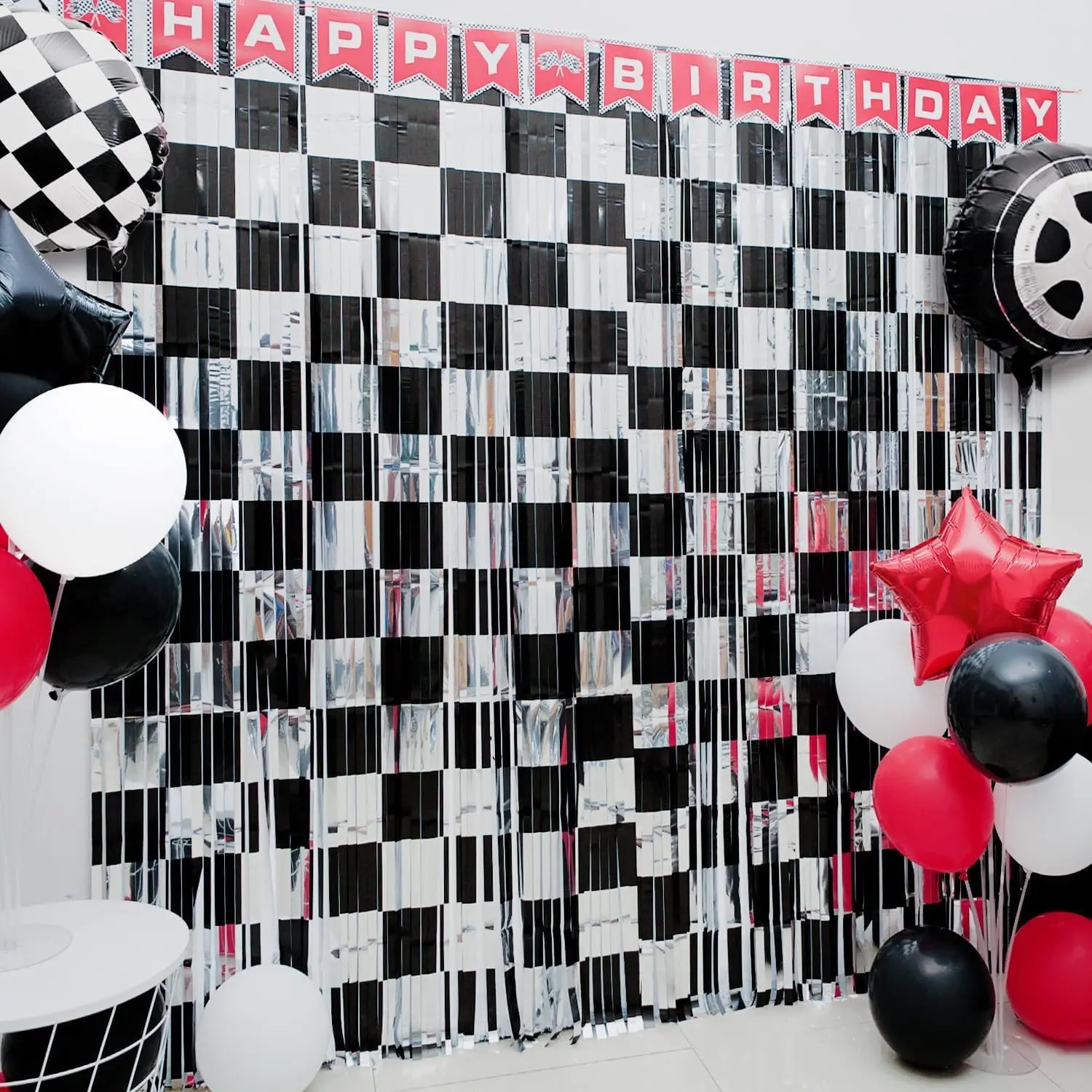 Race Car Birthday Party Decoration, 2 Pack Checkered Backdrop Photo Booth Prop, Black and Silver Fringe Curtains Tinsel Streamers, Race Car Theme Party Supplies