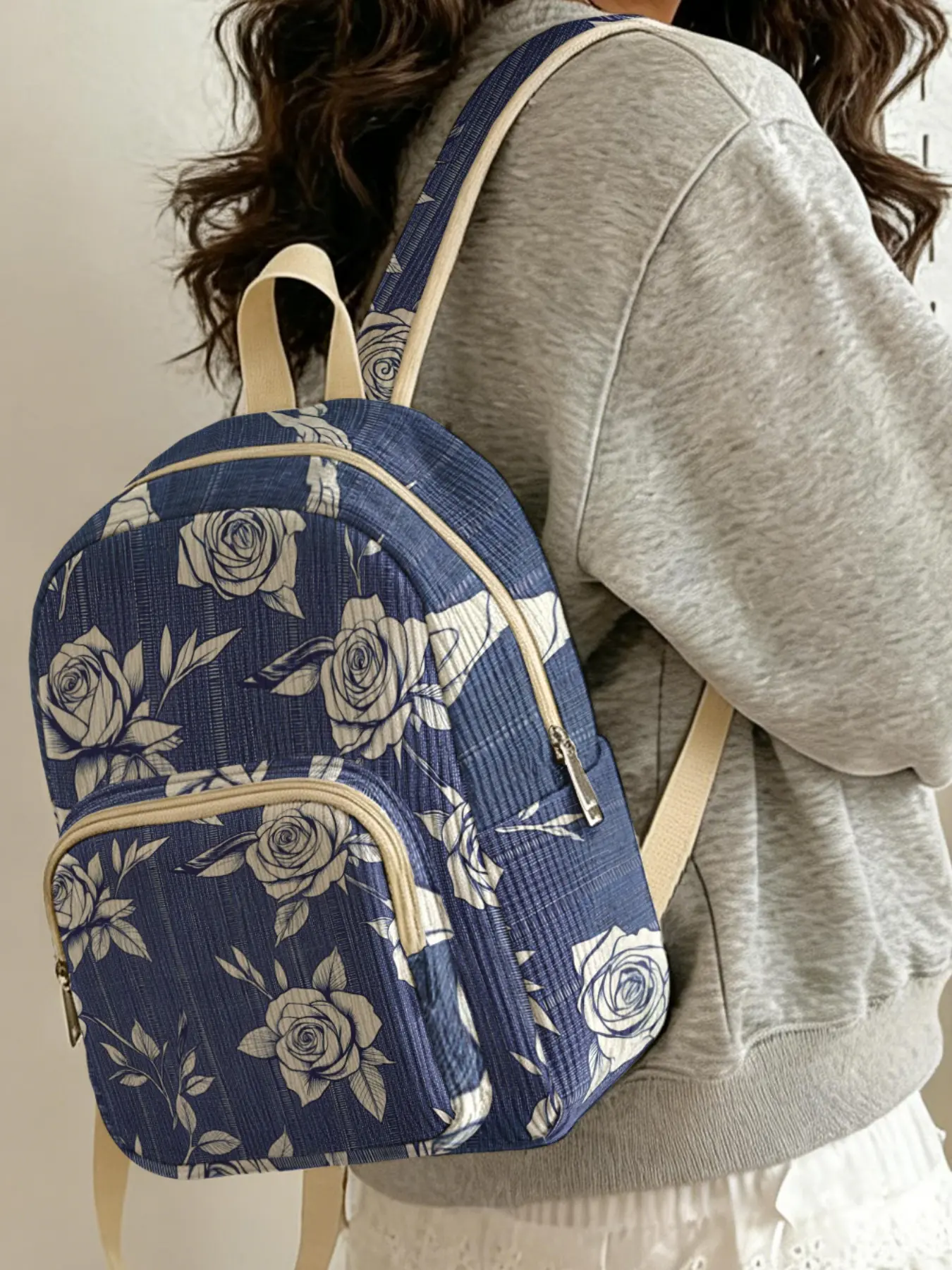 2D Print of White Outlined Roses on Dark Blue Textured Background, Corduroy textured, multi compartment storage, School Backpacks. Great for school and short trips, stylish and practical.