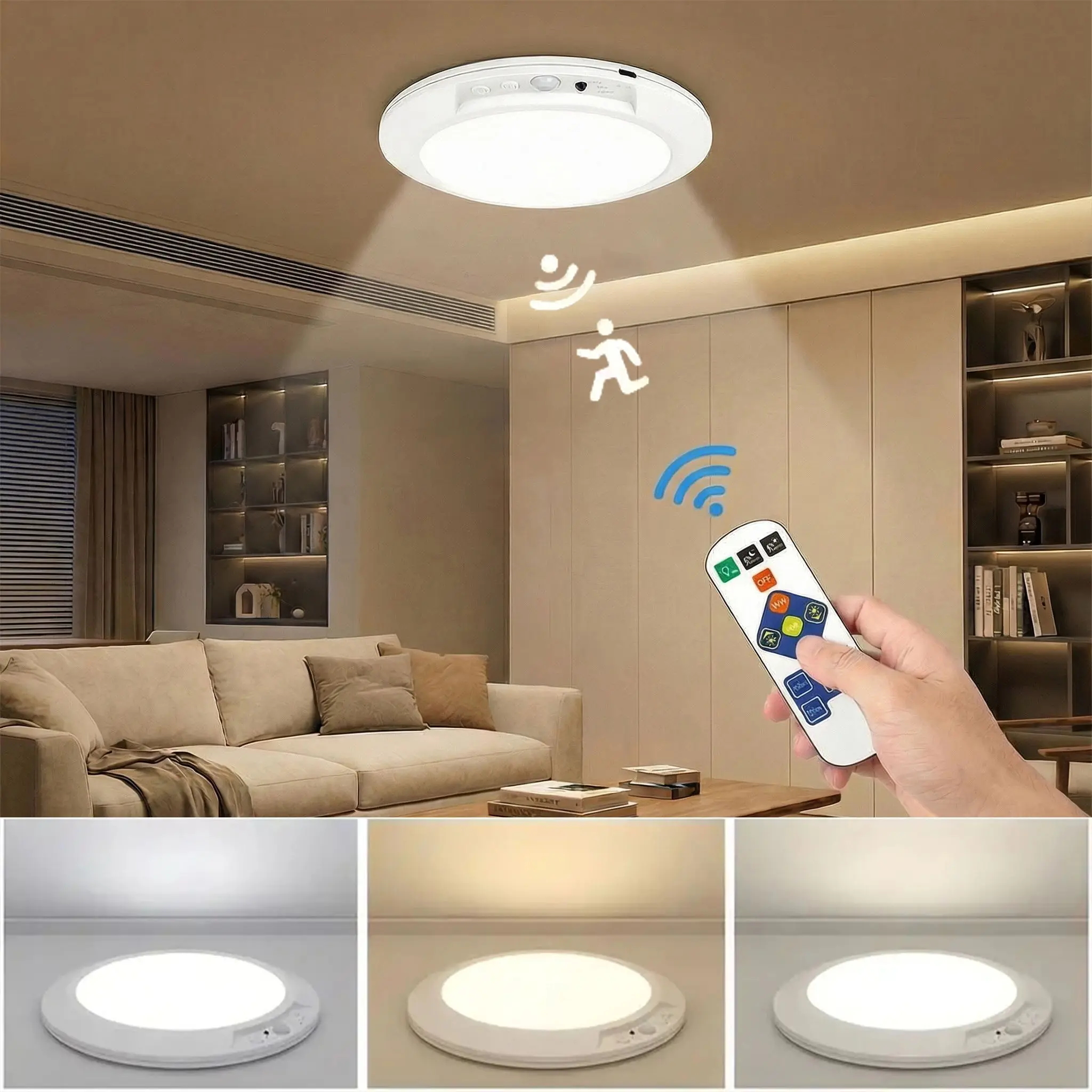 Rechargeable ceiling light with motion sensor and remote — magnetic wireless battery-operated LED light with three color modes for closet, pantry, shower, garage, hallway, and porch tiktokshopspringglowup Brightness Levels Easy Installation