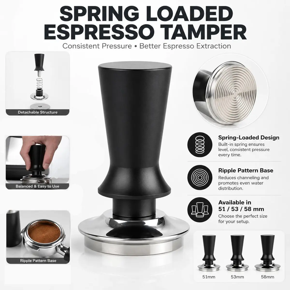 1pcs 51/53/58mm Coffee Distributor and Tamper,Stainless Steel Coffee Tamper with AluminumAlloy Handle, Professional Espresso Distributor LevelerTool, Spring-loaded Tamper, Barista gear.