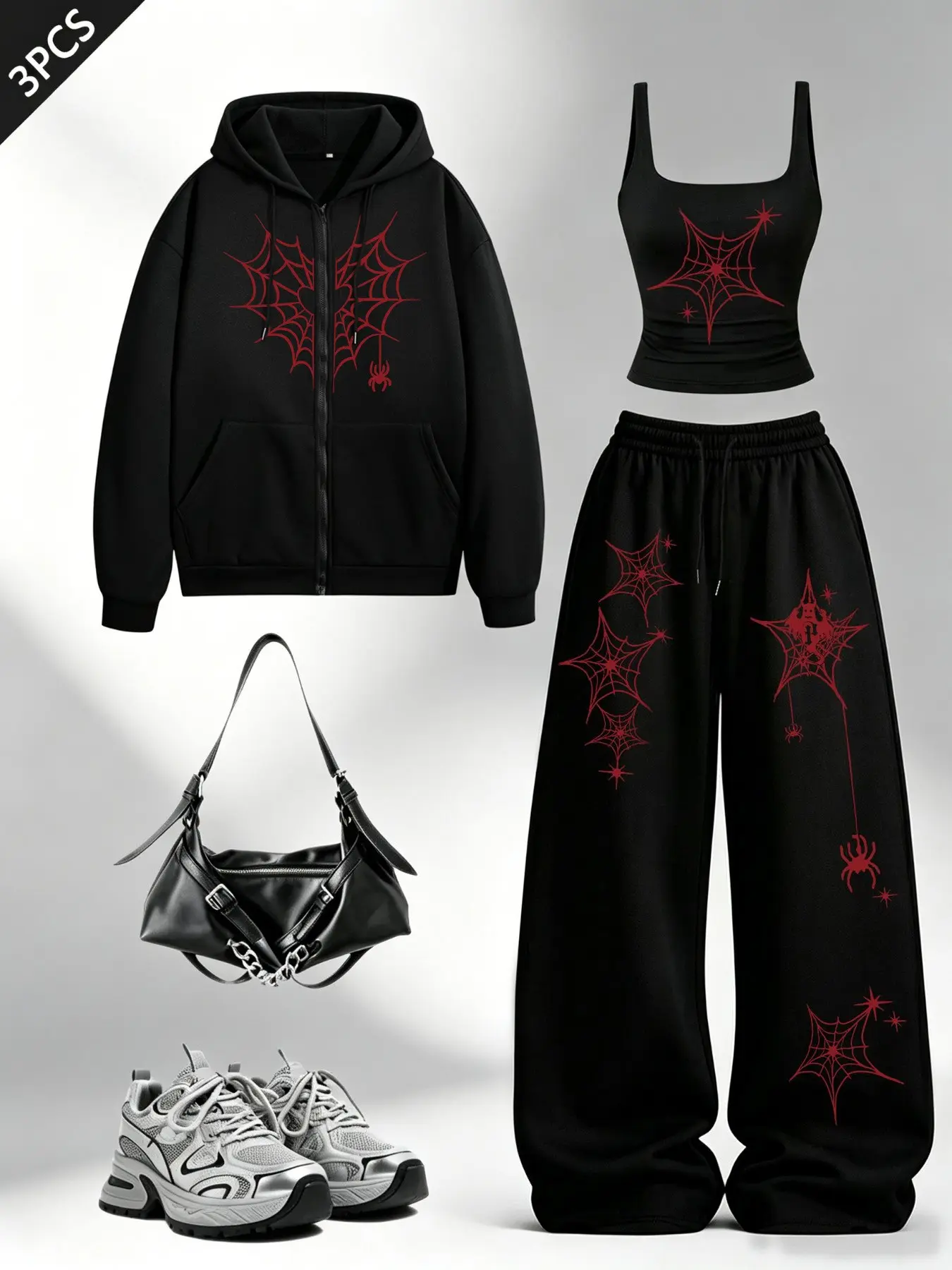 Women's Halloween Spider Print 3-Piece Set, Gothic Punk Y2K Style, Casual Loose-Fit Hoodie, Tank Top, Wide-Leg Pants, All Seasons