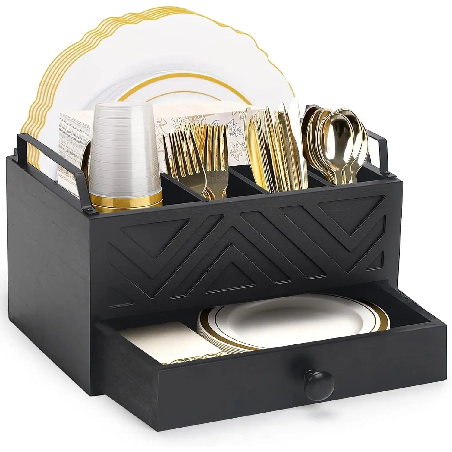 Black Country-Style Wood Paper Plate Dispenser with Drawer - Disposable Counter-Top Caddy Organizer for Cups, Spoons, Forks, Napkins, Silverware, Office Supplies (Party, Kitchen Use)
