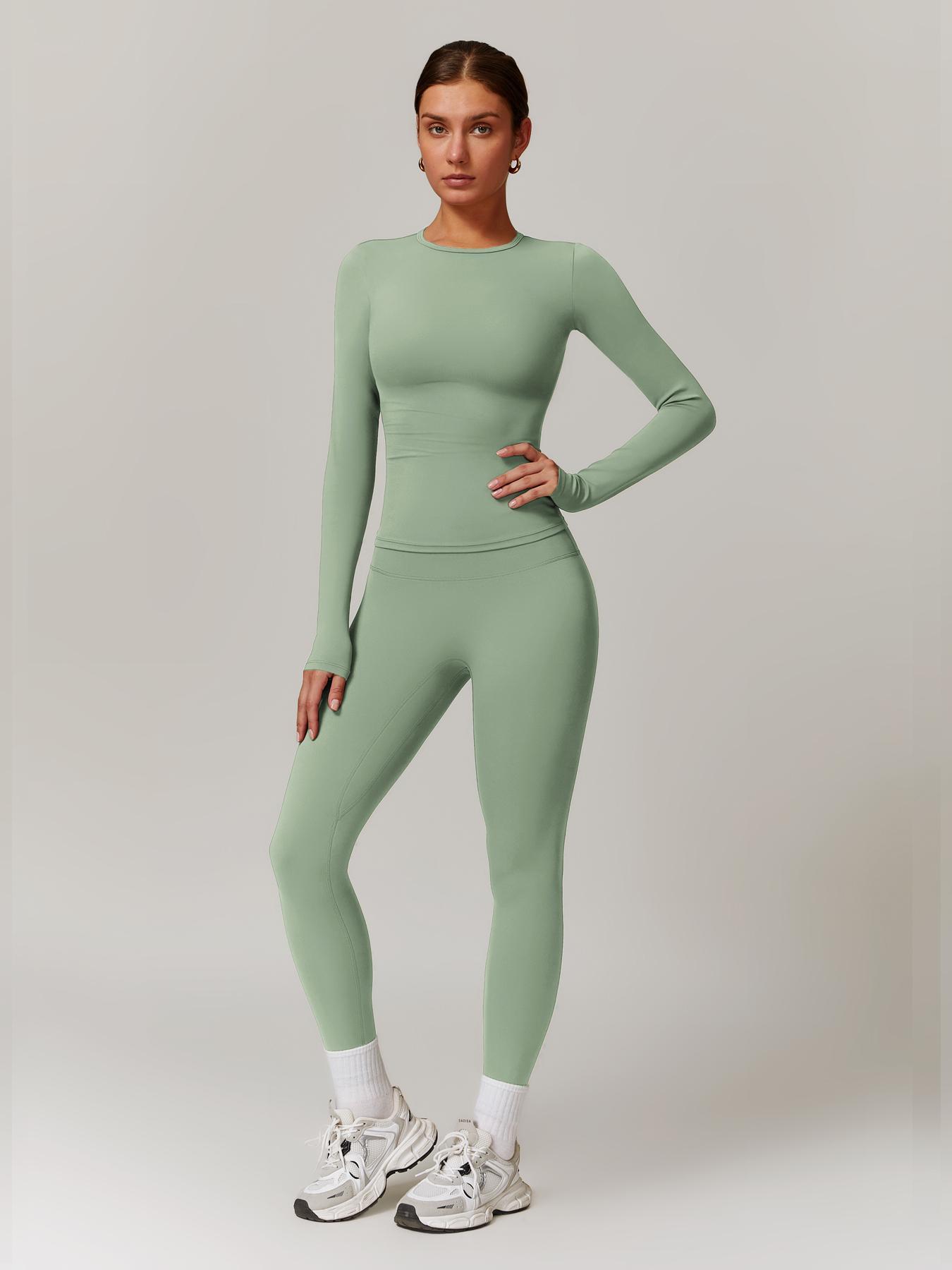 Women's Solid Long Sleeve Skinny Tee & High Waist Leggings Tracksuit Set, Workout Running Clothes, Sporty Breathable Quick Drying Outfits for Gym Workout Running, Ladies Outdoor Yoga Suit for All Seasons, Quick Dry Activewear