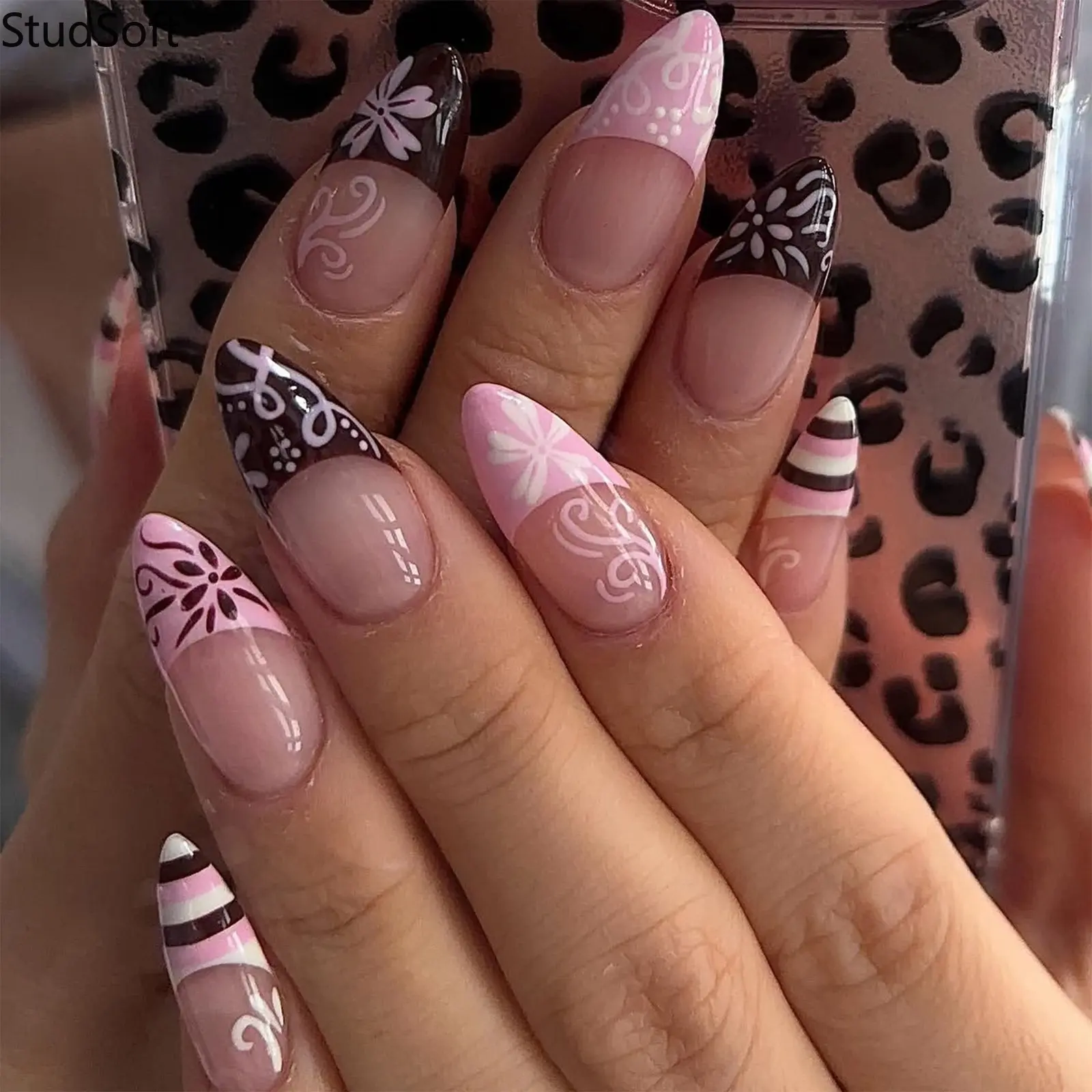 24pc Y2K French Almond Press on Nails Pack Pink Brown Floral Fake Nails Swirl Print Long False Nails Bulk Multi-Size Everyday Wear Jewelry