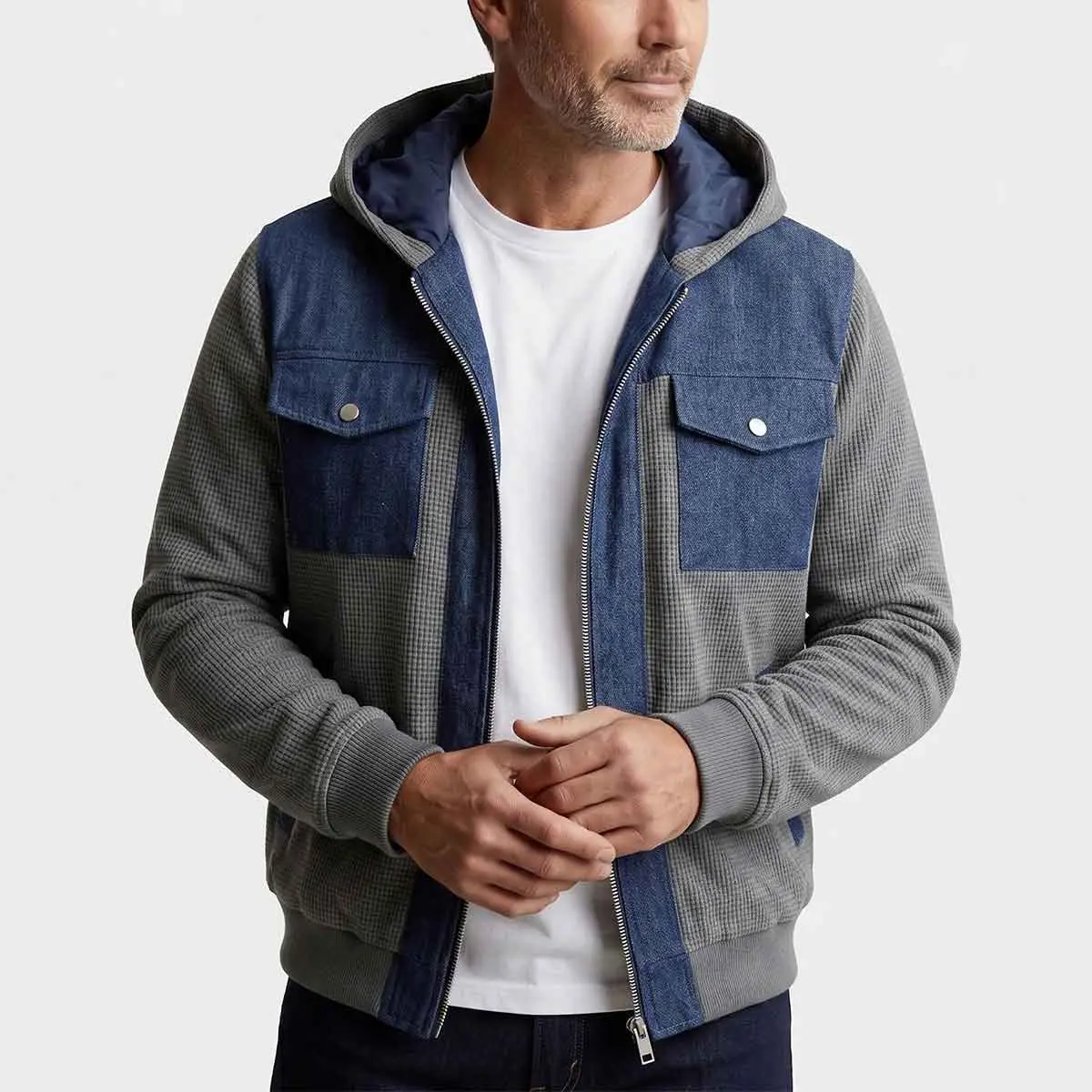 Menswear Waffle Knit Denim Patchwork Long Sleeve Plain Fitted Cut Hooded Jacket - Full Zip Detachable Hood Bomber Coat, Multi Pockets, Snap Button Chest Flap Pockets, Rib Cuffs Hem, Contrast Splicing Windbreaker for Spring Autumn Daily Outfits, Tops