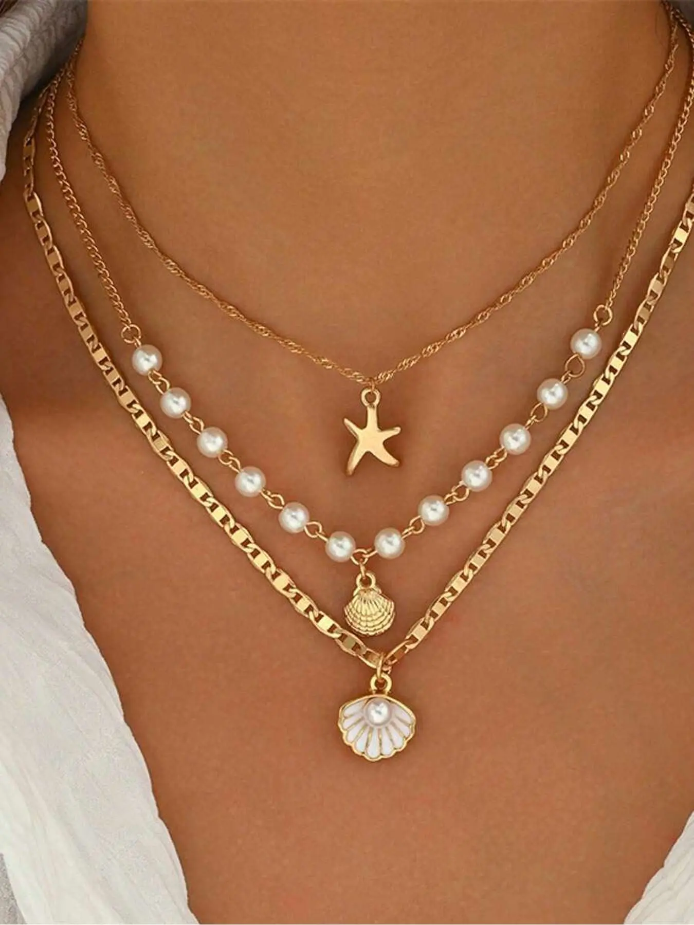 3pcs Summer Bohemian Style Faux Pearl Shell Pendant Multi-Layer Stackable Boho Style Necklace Set, Suitable For Women Beach Vacation And Daily Wear