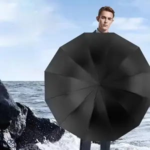 12-Bone Extra Large Windproof Waterproof Folding Umbrella, Reinforced Canopy, Rubber Handle, Iron Frame, Ideal for Business, Travel, Students