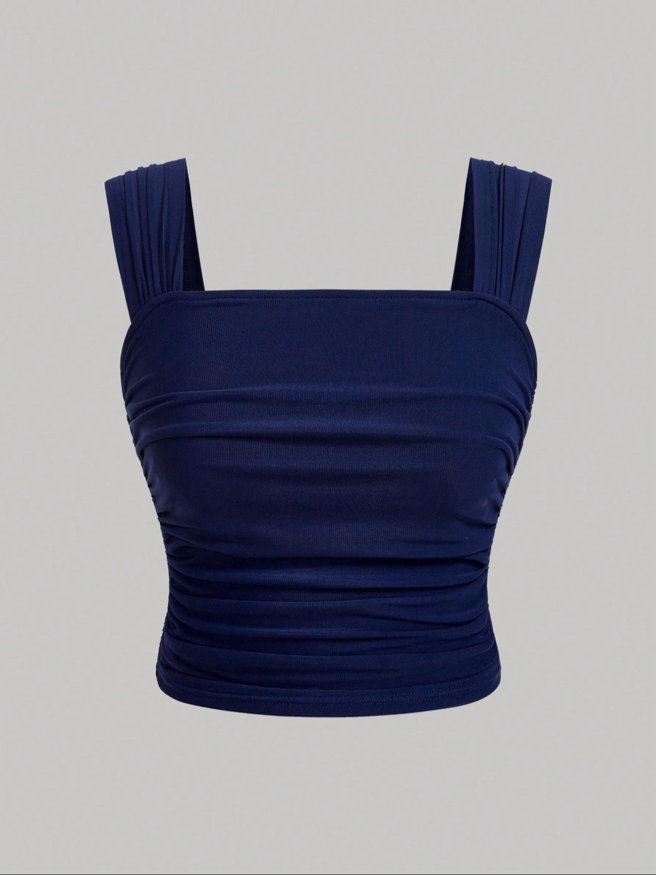 Women's Plain / Floral Print Ruched Tulle Tank Top, Elegant Sleeveless Top for Summer, Ladies Clothes for Daily Wear, Cropped Cami Top