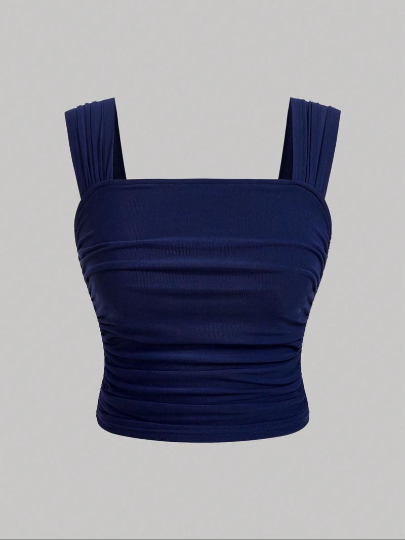 Women's Plain / Floral Print Ruched Tulle Tank Top, Elegant Sleeveless Top for Summer, Ladies Clothes for Daily Wear, Cropped Cami Top