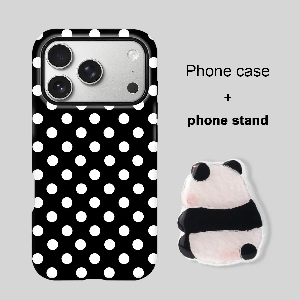 Black White Polka Dot iPhone Case with Cute Back View Panda PopSocket Grip, Raised Lens Shockproof Cover, Trendy Minimal Accessory & Birthday Gift for Girls, Compatible with iPhone 17 Pro Max/17 Pro/16 Pro Max/15 Plus/14/13/12/11