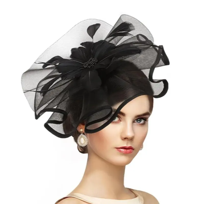 Retro European-American Tulle Fascinator, Feather Flower Bridal Hair Accessory, Elegant Dramatic Headpiece for Wedding Banquet