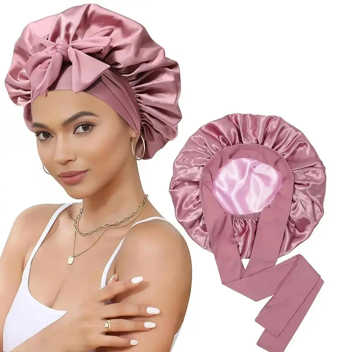 Women’s Large Double‑Layer Satin Hair Bonnet, Adjustable Elastic Tie Silk Sleep Hair Wrap, Smooth Frizz‑Resistant Sleeping Bonnet for Curly Hair, Heatless Haircare Accessory