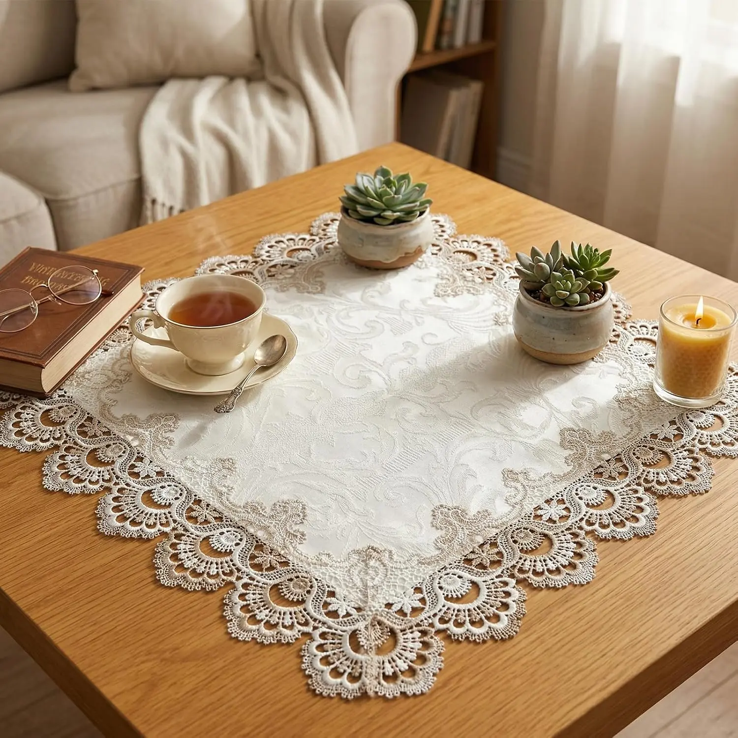 Crochet Lace Table Runners, 23.6 inch Embroidered Doily Table Cloth Square  Lace Dresser Scarf Boho for Wedding Birthday Bedroom Dresser Furniture Decorations, Beige