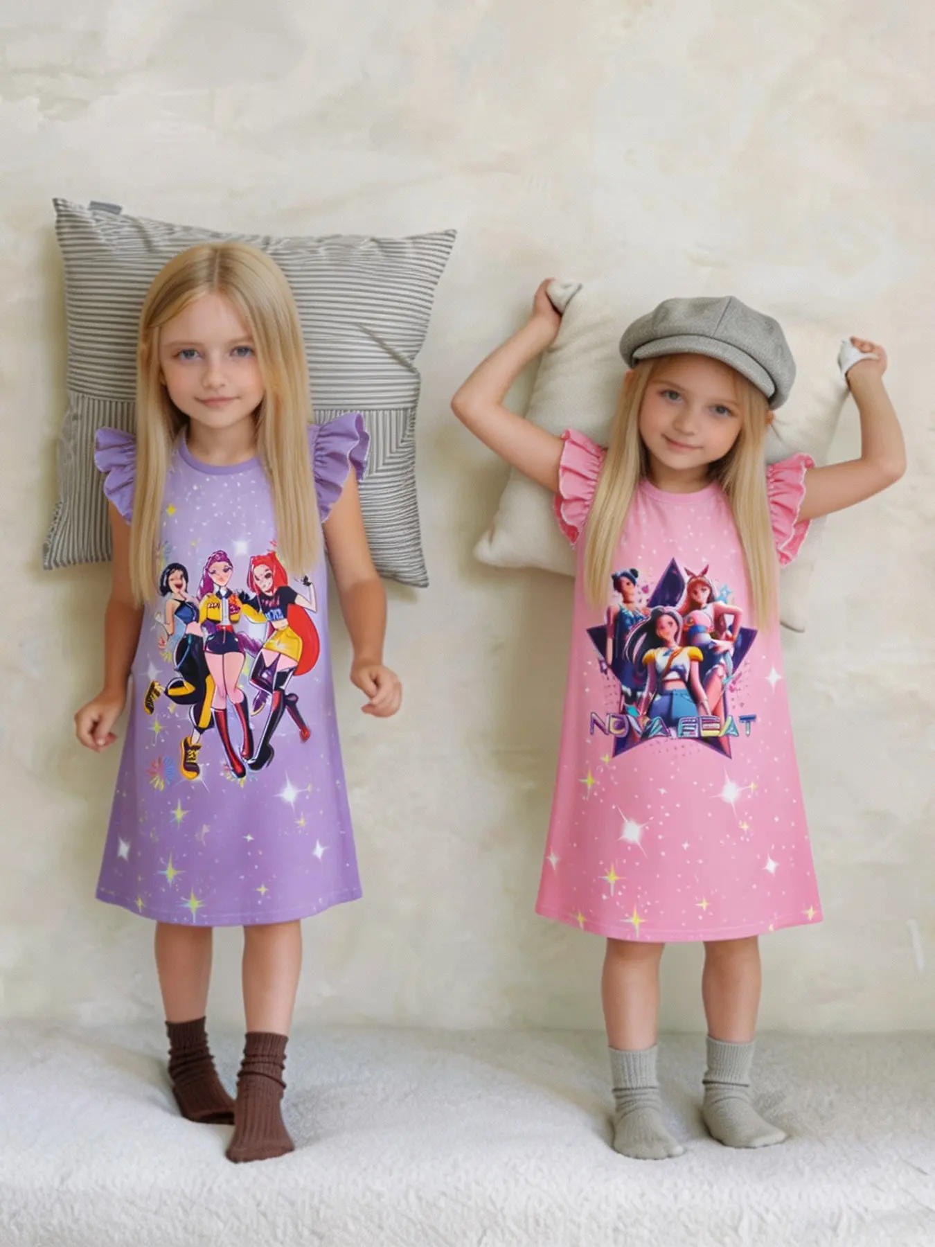 2-piece set of children's pink purple star glitter K-POP magic girl English polka dot love star pattern printed nightgown soft and comfortable round neck ruffle sleeves home daily casual children's pajamas set