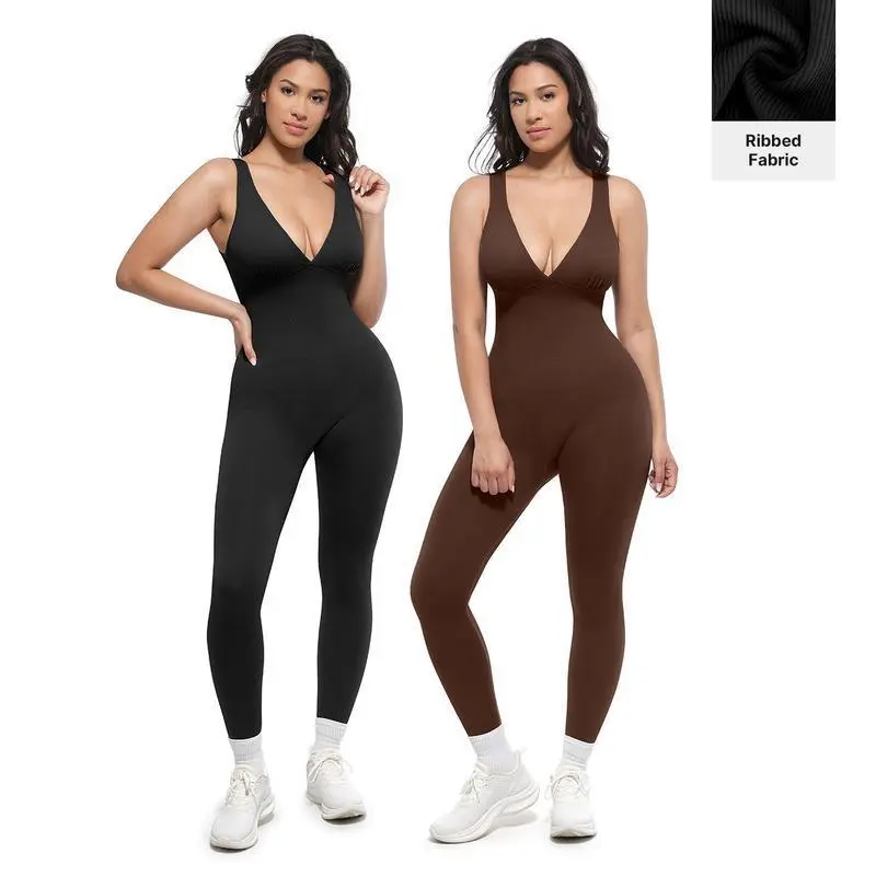 Deep V Shapewear with Chest Support Breathable High-Waisted Tummy Control Jumpsuit,high-elasticity fitness tank top seamless aerial yoga jumpsuit, tummy control, tight-fitting sports backless jumpsuit for women