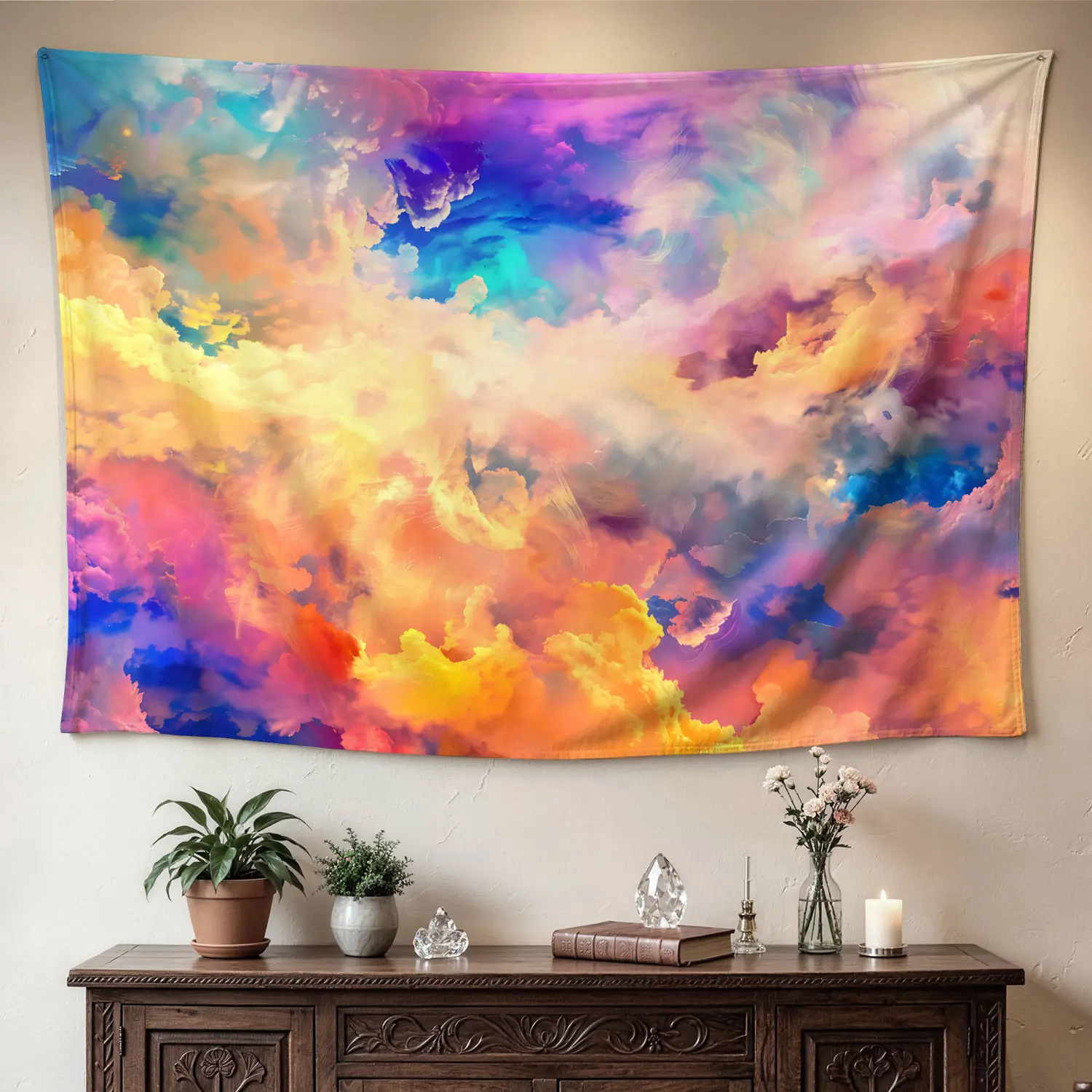 Colorful Dreamy Sky Clouds Wall Tapestry - Large Printed Horizontal Polyester Artwork, No-Installation Decor for Living Room, Room Decor Gift Idea for Family
