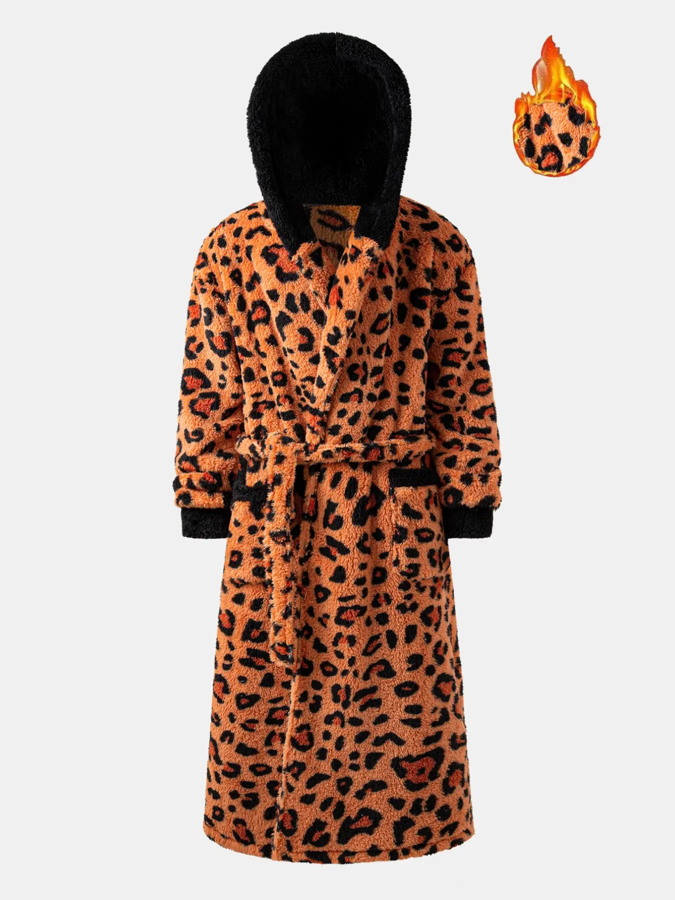 Winter Thermal Thick Plush Hooded Bathrobe for Men, Trendy Leopard Print Tie-Up Long Robe, Ideal for Bath, Spa, Bedroom, Loungewear