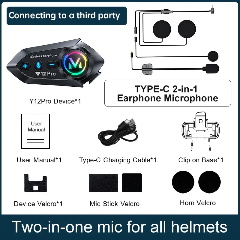 Y12pro Helmet Bluetooth-compatible Headset, Waterproof Noise Cancelling, Motorcycle Earphone, Dual Use for Music and Calls, Model Xinghao Y12