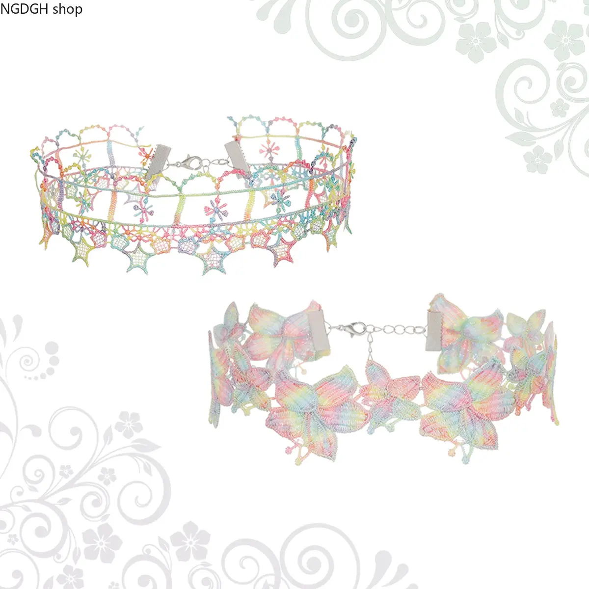 Lace Choker Necklace,Colorful Gradient Butterfly Crochet Neck Cuff,Adjustable Dainty Hollow‑Cut Floral Collar Necklace,Vintage Fairy‑Core Statement Neck Jewelry For Party Date Festival Daily Evening Outfit Accessory