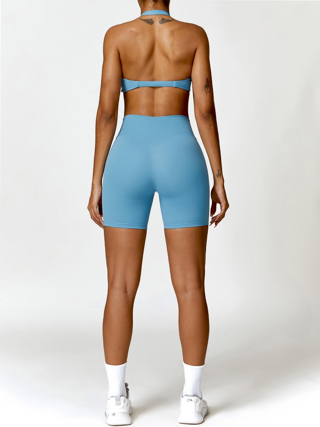 2 Counts Women's Solid Twist Ruched Backless Halter Crop Top & High Waist Short Leggings Tracksuit Set, Sporty Outfits Activewear Fitness for Yoga Gym Workout Running, Sports Quick Drying Set, Ladies Sportswear for All Seasons, Two Piece Sets Tracksuits