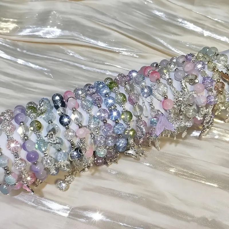 10Pcs Elegant Women'S Glass Bead Bracelet Set with Floral And Butterfly Charms, Heart And Star Pendants - Bracelet Set (Valentine'S Day, Birthday, Anniversary) - Year-Round Wear - Random Color And Style