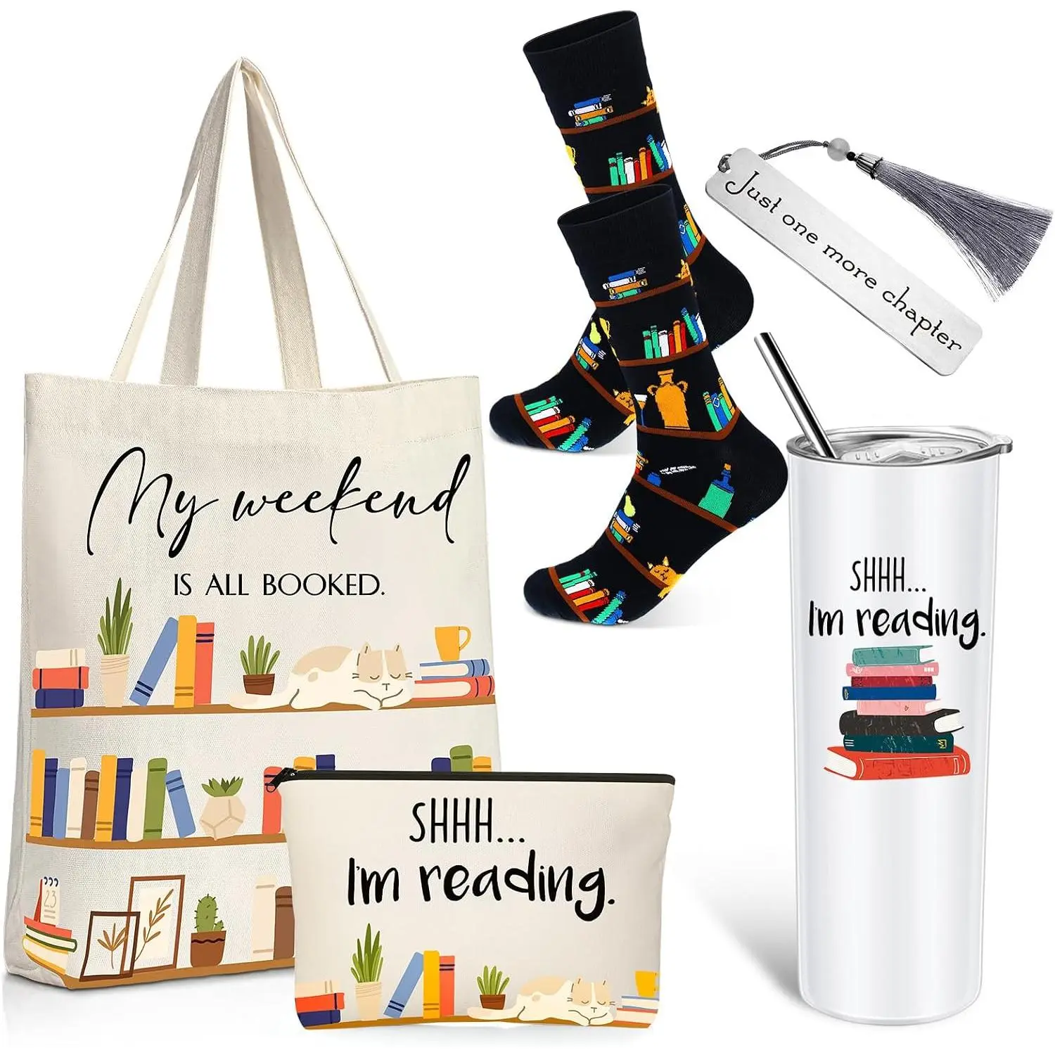 5 count Book Lovers Gifts Set, Gifts for Book Lovers, Includes 20 oz Tumbler Socks Bookmark Tote Bag and  Bag