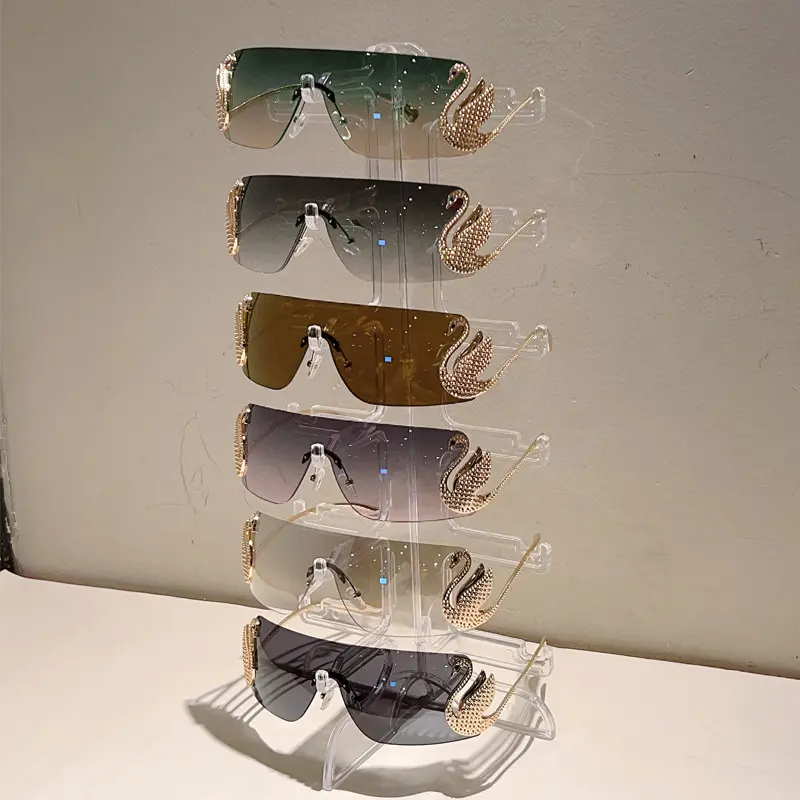 Baddie Y2K Vintage Rimless Swan Shield Sunglasses Gold Rhinestone Crystal Swan Temple Purple Gradient Tint Visor Sun Glasses for Women Party Rave Festival Streetwear Sparkly Eyewear