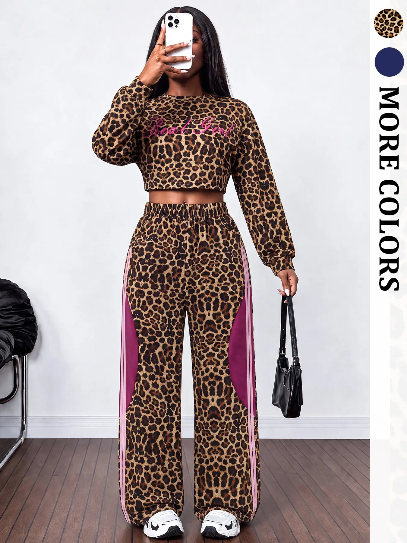 Women's Fall Multicolor High Waist Casual 2 Piece Set, Athleisure Wear Sets, Cropped Loose Sweatshirt Top with Color Block Design & Wide Leg Sweatpants, Y2K Streetwear Comfy Matching Outfit for Travel, Everyday Wear, Leopard Print