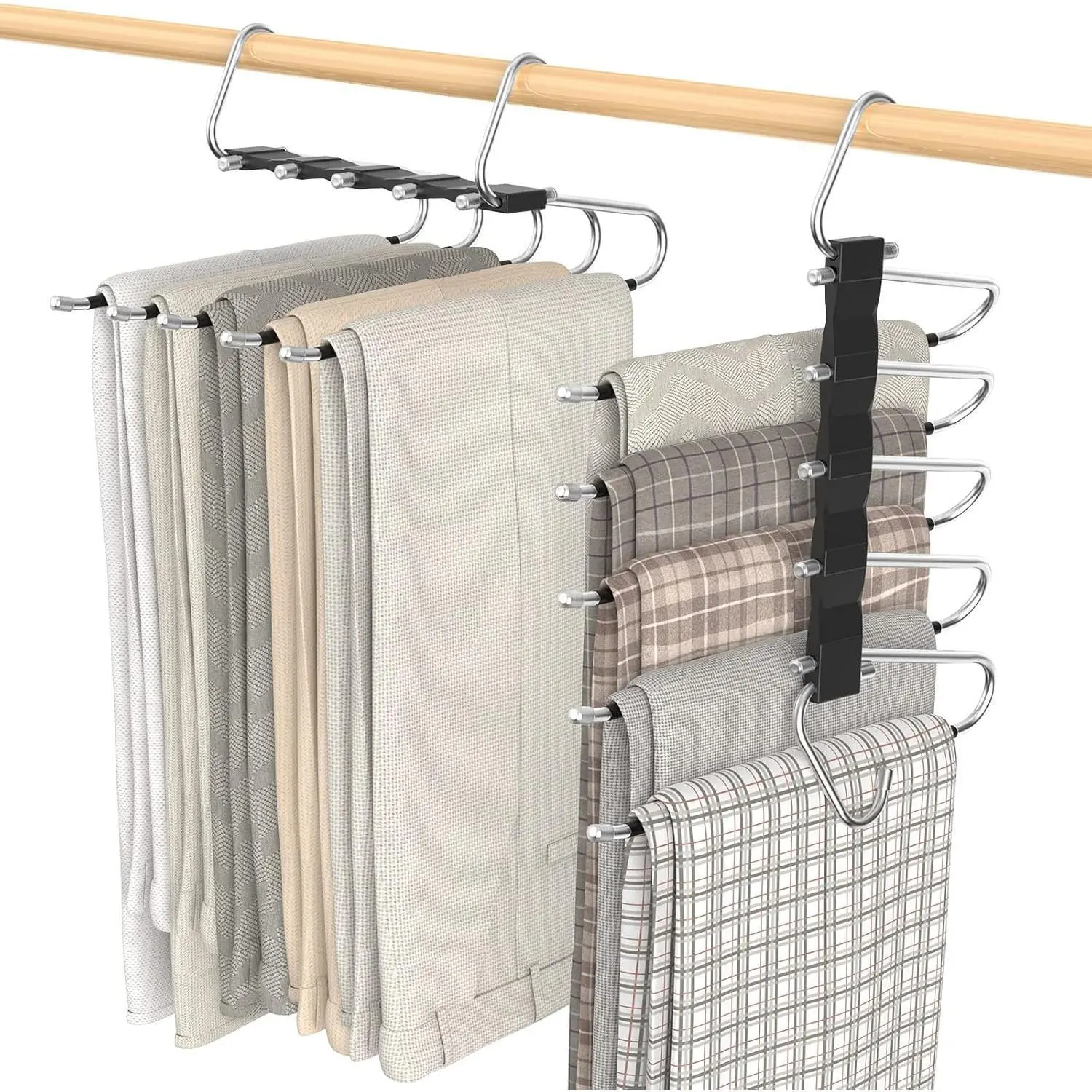 2 Pack Pants Hangers Space Saving, Anti-Slip Multi-Functional Pants Rack, Thickened Stainless Steel Tube, Two Hanging Modes Suitable for Jeans Trousers Skirts Scarf-Black