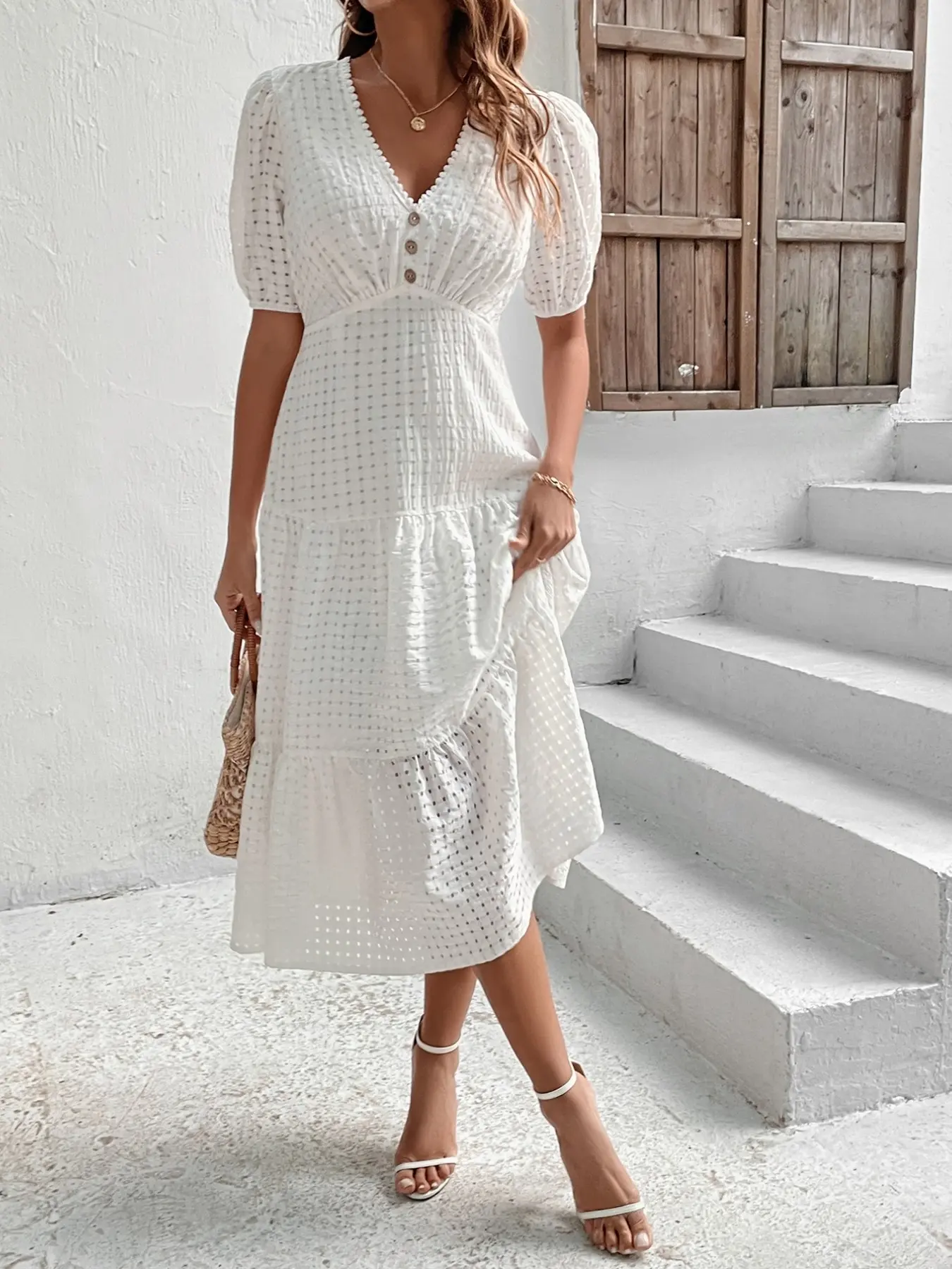 Ladies' white hollowed out eye hole embroidered British midi dress, V-neck fluffy border short sleeved front button empire waist pleated layered flowing dress, beach vacation casual sun dress, ladies' church dress, Casual chic dress
