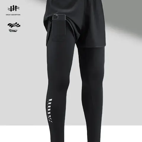 Men's Tight High-Elastic Quick-Dry Compressive Yoga Pants - 1-Piece Mock 2-Piece Design, Drawstring Waist, Double-Layered Fabric, Phone Pocket, for Gym, Running