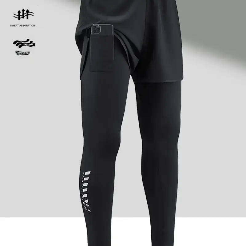 Men's Tight High-Elastic Quick-Dry Compressive Yoga Pants - 1-Piece Mock 2-Piece Design, Drawstring Waist, Double-Layered Fabric, Phone Pocket, for Gym, Running