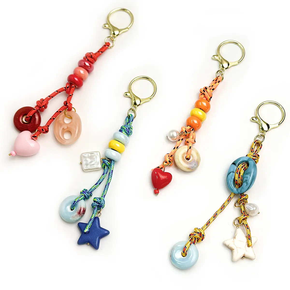 Boho Paracord Braided Keychain Ceramic Bead Heart Star Charm Set Dopamine Multi Color Pearl Lanyard Aesthetic Y2K Purse Backpack Bag Pendant Accessories Gift for Girls