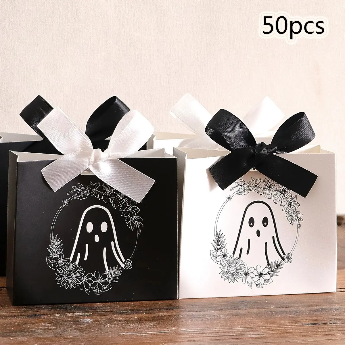 50pcs/set Halloween Ghost Cookie Gift Bags, Trick-Or-Treat Box, Party Decor, Gift Box, Perfect for Halloween Celebrations