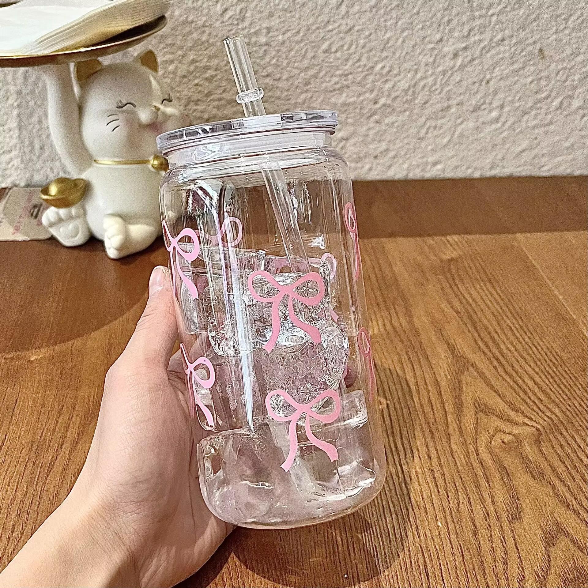 Bow Pattern Water Cup with Lid & Straw, 1 Count 16oz Can Water Cup, Iced Coffee Cup for Tea, Juice & Milk, Birthday Gift, Quencher Tumbler #TOP PICKS
