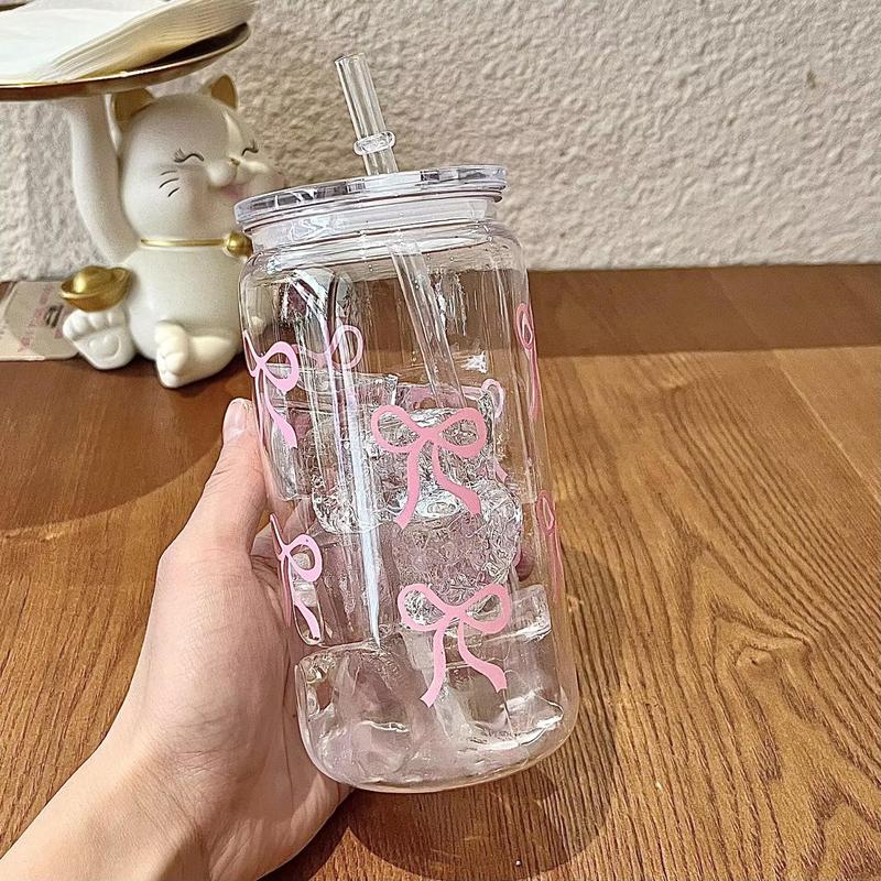 Bow Pattern Water Cup with Lid & Straw, 1pc 16oz Can Water Cup, Ice Coffee Cup, Suitable for Tea, Juice, Milk, Birthday Gift